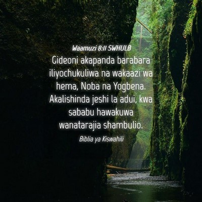 Picture 04 - Waamuzi 8:11 SWHULB - Gideoni akapanda barabara iliyochukuliwa na - Bible Verse Picture
