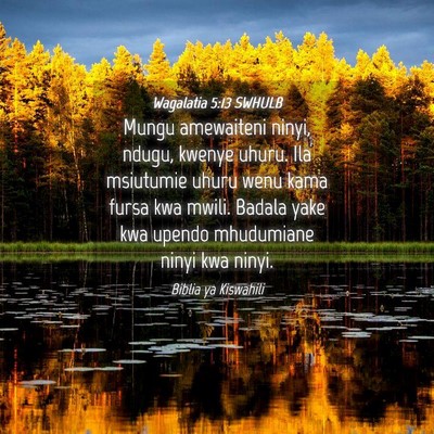 Picture 04 - Wagalatia 5:13 SWHULB - Mungu amewaiteni ninyi, ndugu, kwenye uhuru. Ila - Bible Verse Picture