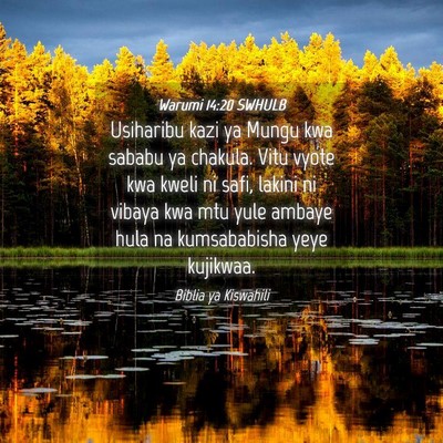 Picture 04 - Warumi 14:20 SWHULB - Usiharibu kazi ya Mungu kwa sababu ya chakula. - Bible Verse Picture