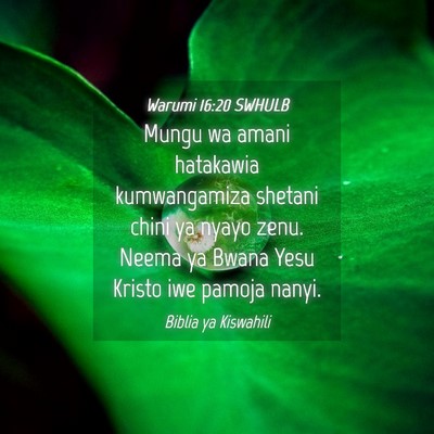 Picture 04 - Warumi 16:20 SWHULB - Mungu wa amani hatakawia kumwangamiza shetani - Bible Verse Picture