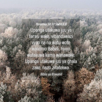 Picture 04 - Yeremia 50:37 SWHULB - Upanga utakuwa juu ya farasi wake, vibandawazi - Bible Verse Picture