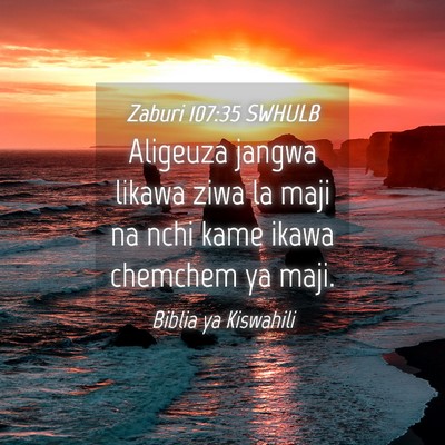 Picture 04 - Zaburi 107:35 SWHULB - Aligeuza jangwa likawa ziwa la maji na nchi kame - Bible Verse Picture