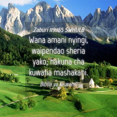 Picture 04 - Zaburi 119:165 SWHULB - Wana amani nyingi, waipendao sheria yako; hakuna - Bible Verse Picture