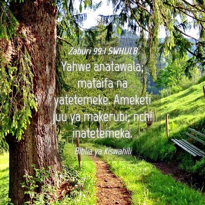 Picture 04 - Zaburi 99:1 SWHULB - Yahwe anatawala; mataifa na yatetemeke. Ameketi - Bible Verse Picture