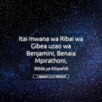 Picture 05 - 1 Nyakati 11:31 SWHULB - Itai mwana wa Ribai wa Gibea uzao wa Benjamini, - Bible Verse Picture