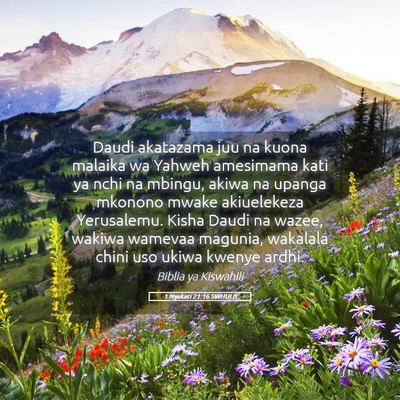 Picture 05 - 1 Nyakati 21:16 SWHULB - Daudi akatazama juu na kuona malaika wa Yahweh - Bible Verse Picture