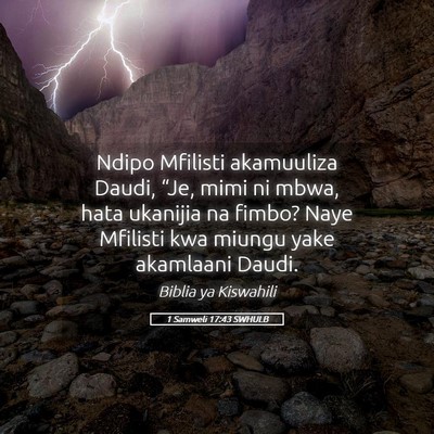 Picture 05 - 1 Samweli 17:43 SWHULB - Ndipo Mfilisti akamuuliza Daudi, “Je, mimi ni - Bible Verse Picture