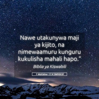 Picture 05 - 1 Wafalme 17:4 SWHULB - Nawe utakunywa maji ya kijito, na nimewaamuru - Bible Verse Picture