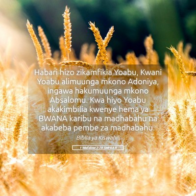Picture 05 - 1 Wafalme 2:28 SWHULB - Habari hizo zikamfikia Yoabu, Kwani Yoabu - Bible Verse Picture