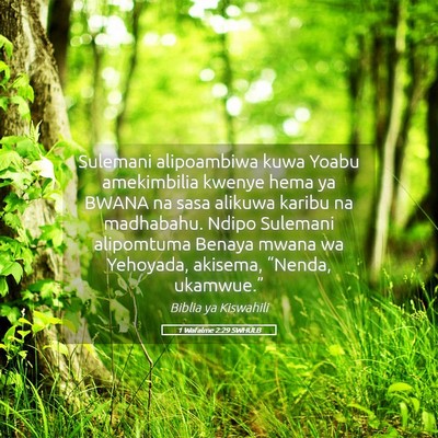 Picture 05 - 1 Wafalme 2:29 SWHULB - Sulemani alipoambiwa kuwa Yoabu amekimbilia - Bible Verse Picture