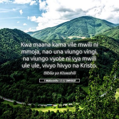 Picture 05 - 1 Wakorintho 12:12 SWHULB - Kwa maana kama vile mwili ni mmoja, nao una - Bible Verse Picture