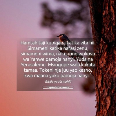 Picture 05 - 2 Nyakati 20:17 SWHULB - Hamtahitaji kupigana katika vita hii. Simameni - Bible Verse Picture