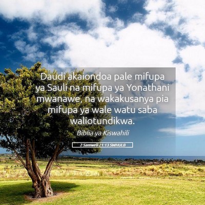 Picture 05 - 2 Samweli 21:13 SWHULB - Daudi akaiondoa pale mifupa ya Sauli na mifupa ya - Bible Verse Picture