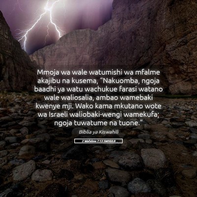Picture 05 - 2 Wafalme 7:13 SWHULB - Mmoja wa wale watumishi wa mfalme akajibu na - Bible Verse Picture