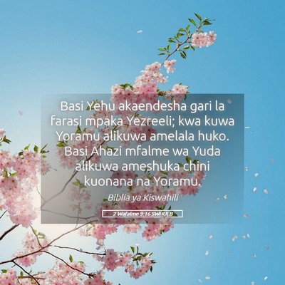 Picture 05 - 2 Wafalme 9:16 SWHULB - Basi Yehu akaendesha gari la farasi mpaka - Bible Verse Picture