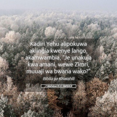 Picture 05 - 2 Wafalme 9:31 SWHULB - Kadiri Yehu alipokuwa akiingia kwenye lango, - Bible Verse Picture