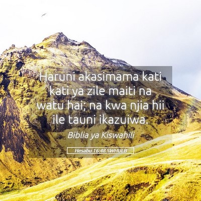 Picture 05 - Hesabu 16:48 SWHULB - Haruni akasimama kati kati ya zile maiti na watu - Bible Verse Picture