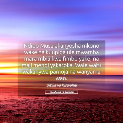 Picture 05 - Hesabu 20:11 SWHULB - Ndipo Musa akanyosha mkono wake na kuupiga ule - Bible Verse Picture