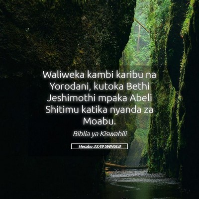 Picture 05 - Hesabu 33:49 SWHULB - Waliweka kambi karibu na Yorodani, kutoka Bethi - Bible Verse Picture
