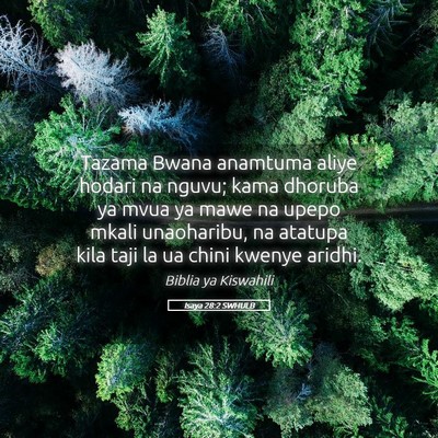 Picture 05 - Isaya 28:2 SWHULB - Tazama Bwana anamtuma aliye hodari na nguvu; kama - Bible Verse Picture