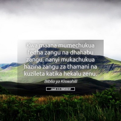 Picture 05 - Joeli 3:5 SWHULB - Kwa maana mumechukua fedha zangu na dhahabu - Bible Verse Picture