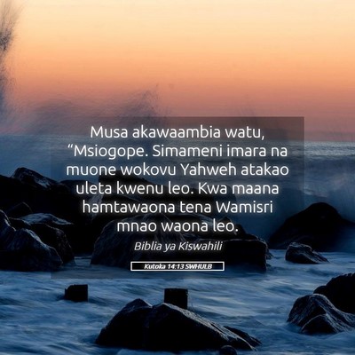 Picture 05 - Kutoka 14:13 SWHULB - Musa akawaambia watu, “Msiogope. Simameni imara - Bible Verse Picture