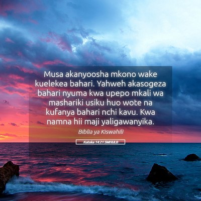 Picture 05 - Kutoka 14:21 SWHULB - Musa akanyoosha mkono wake kuelekea bahari. - Bible Verse Picture