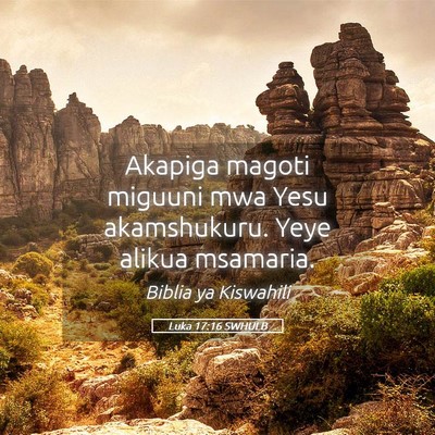 Picture 05 - Luka 17:16 SWHULB - Akapiga magoti miguuni mwa Yesu akamshukuru. Yeye - Bible Verse Picture