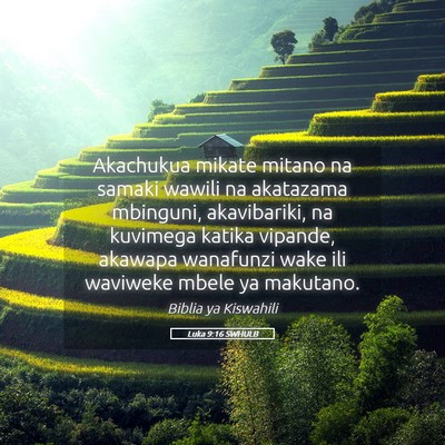 Picture 05 - Luka 9:16 SWHULB - Akachukua mikate mitano na samaki wawili na - Bible Verse Picture