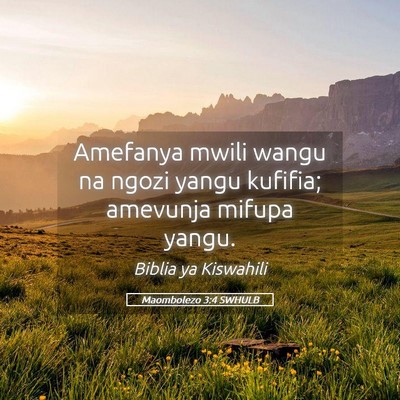 Picture 05 - Maombolezo 3:4 SWHULB - Amefanya mwili wangu na ngozi yangu kufifia; - Bible Verse Picture