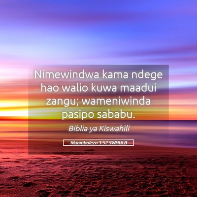 Picture 05 - Maombolezo 3:52 SWHULB - Nimewindwa kama ndege hao walio kuwa maadui - Bible Verse Picture