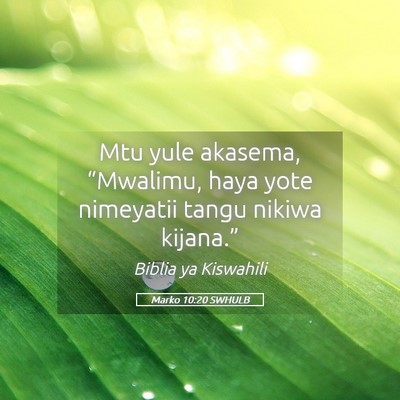 Picture 05 - Marko 10:20 SWHULB - Mtu yule akasema, “Mwalimu, haya yote nimeyatii - Bible Verse Picture