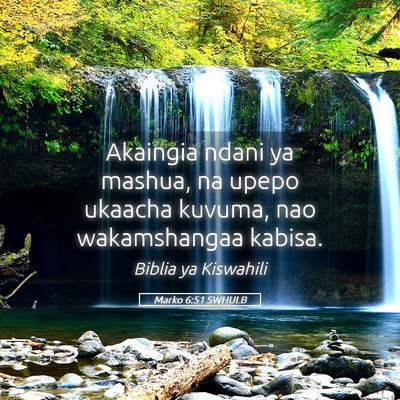 Picture 05 - Marko 6:51 SWHULB - Akaingia ndani ya mashua, na upepo ukaacha - Bible Verse Picture