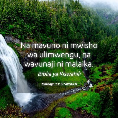 Picture 05 - Mathayo 13:39 SWHULB - Na mavuno ni mwisho wa ulimwengu, na wavunaji ni - Bible Verse Picture