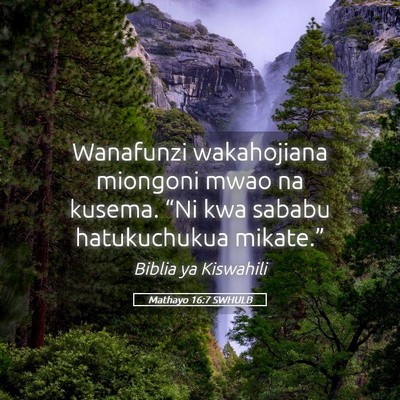 Picture 05 - Mathayo 16:7 SWHULB - Wanafunzi wakahojiana miongoni mwao na kusema. - Bible Verse Picture