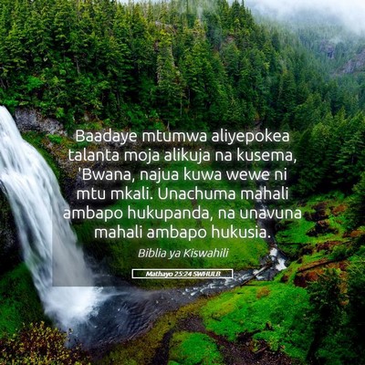 Picture 05 - Mathayo 25:24 SWHULB - Baadaye mtumwa aliyepokea talanta moja alikuja na - Bible Verse Picture