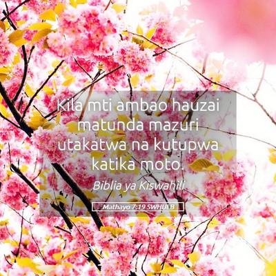 Picture 05 - Mathayo 7:19 SWHULB - Kila mti ambao hauzai matunda mazuri utakatwa na - Bible Verse Picture