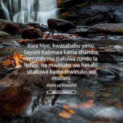 Picture 05 - Mika 3:12 SWHULB - Kwa hiyo, kwasababu yenu, Sayuni italimwa kama - Bible Verse Picture