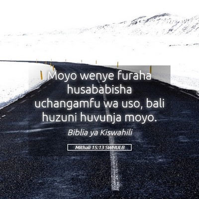 Picture 05 - Mithali 15:13 SWHULB - Moyo wenye furaha husababisha uchangamfu wa uso, - Bible Verse Picture