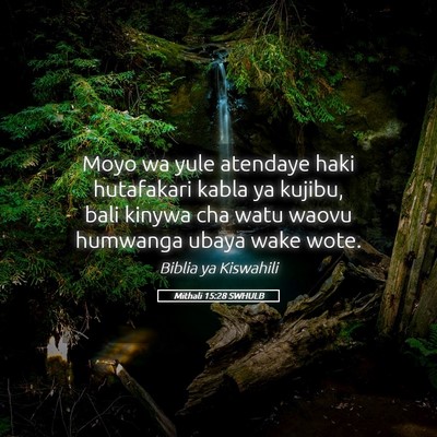 Picture 05 - Mithali 15:28 SWHULB - Moyo wa yule atendaye haki hutafakari kabla ya - Bible Verse Picture