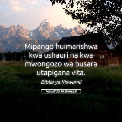 Picture 05 - Mithali 20:18 SWHULB - Mipango huimarishwa kwa ushauri na kwa mwongozo - Bible Verse Picture