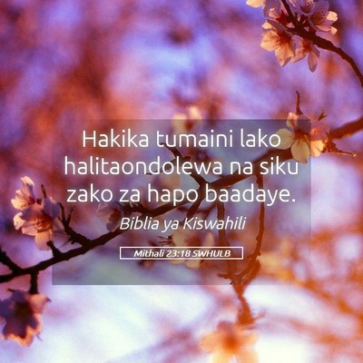 Picture 05 - Mithali 23:18 SWHULB - Hakika tumaini lako halitaondolewa na siku zako - Bible Verse Picture