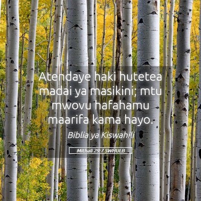 Picture 05 - Mithali 29:7 SWHULB - Atendaye haki hutetea madai ya masikini; mtu - Bible Verse Picture