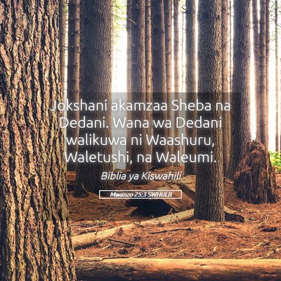 Picture 05 - Mwanzo 25:3 SWHULB - Jokshani akamzaa Sheba na Dedani. Wana wa Dedani - Bible Verse Picture