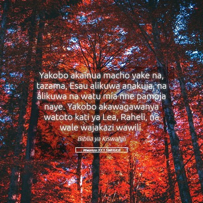 Picture 05 - Mwanzo 33:1 SWHULB - Yakobo akainua macho yake na, tazama, Esau - Bible Verse Picture