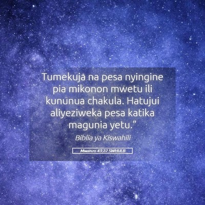 Picture 05 - Mwanzo 43:22 SWHULB - Tumekuja na pesa nyingine pia mikonon mwetu ili - Bible Verse Picture