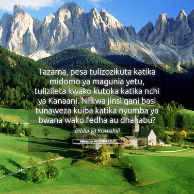 Picture 05 - Mwanzo 44:8 SWHULB - Tazama, pesa tulizozikuta katika midomo ya - Bible Verse Picture