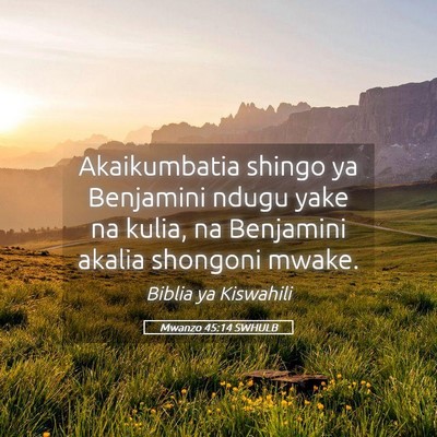 Picture 05 - Mwanzo 45:14 SWHULB - Akaikumbatia shingo ya Benjamini ndugu yake na - Bible Verse Picture