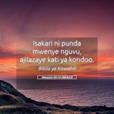 Picture 05 - Mwanzo 49:14 SWHULB - Isakari ni punda mwenye nguvu, ajilazaye kati ya - Bible Verse Picture