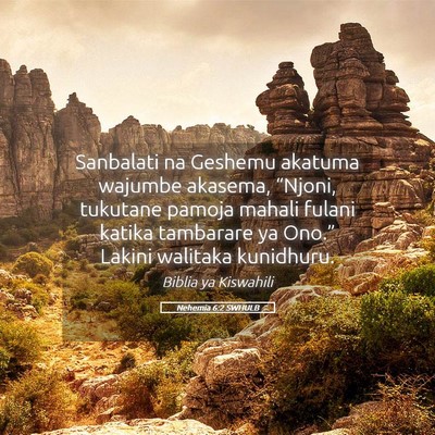 Picture 05 - Nehemia 6:2 SWHULB - Sanbalati na Geshemu akatuma wajumbe akasema, - Bible Verse Picture